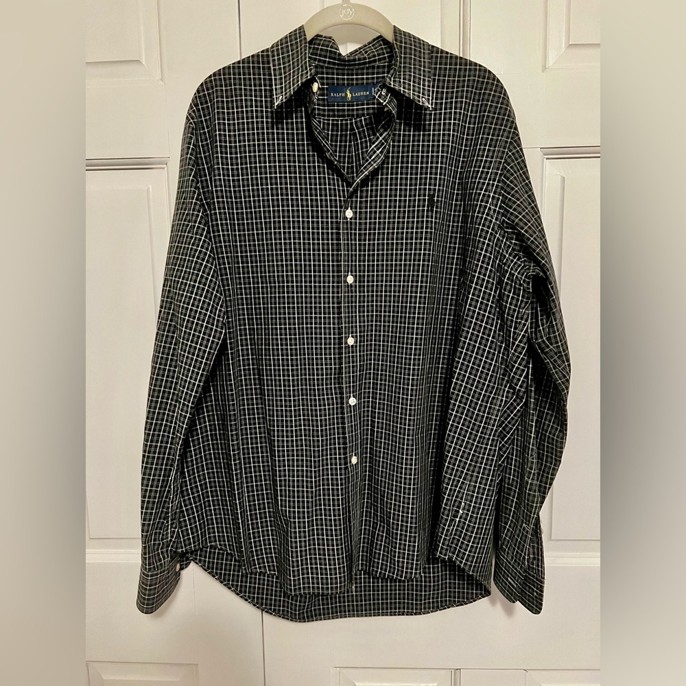 Ralph Lauren Men’s Blue Plaid Button-Up Shirt Large 100% Cotton Logo